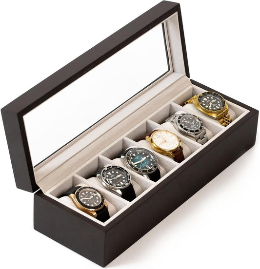 "Luxury Wooden Watch Box Organizer | 6-12 Slot Display Case with Glass Lid | Premium Storage for Watches & Accessories"