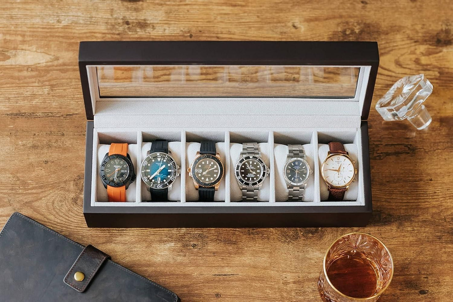 "Luxury Wooden Watch Box Organizer | 6-12 Slot Display Case with Glass Lid | Premium Storage for Watches & Accessories"